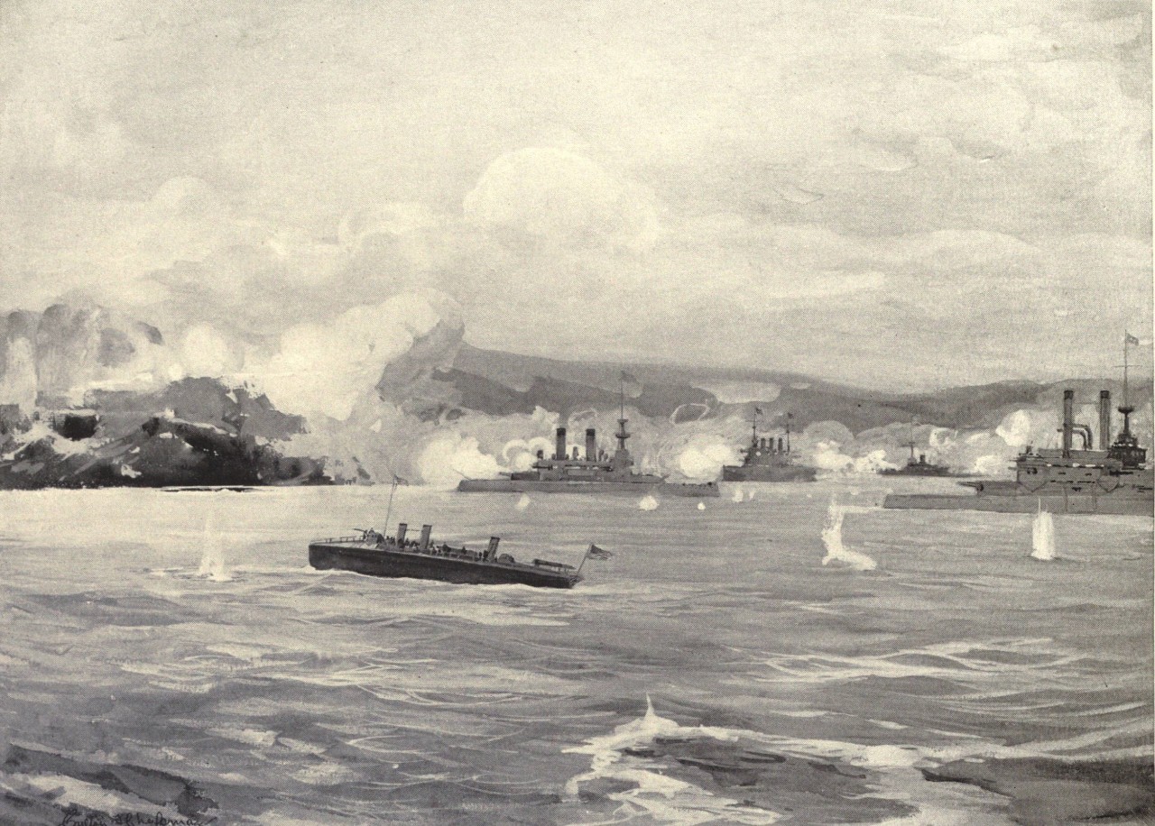 An engraving of American ships bombarding San Juan de Puerto Rico.