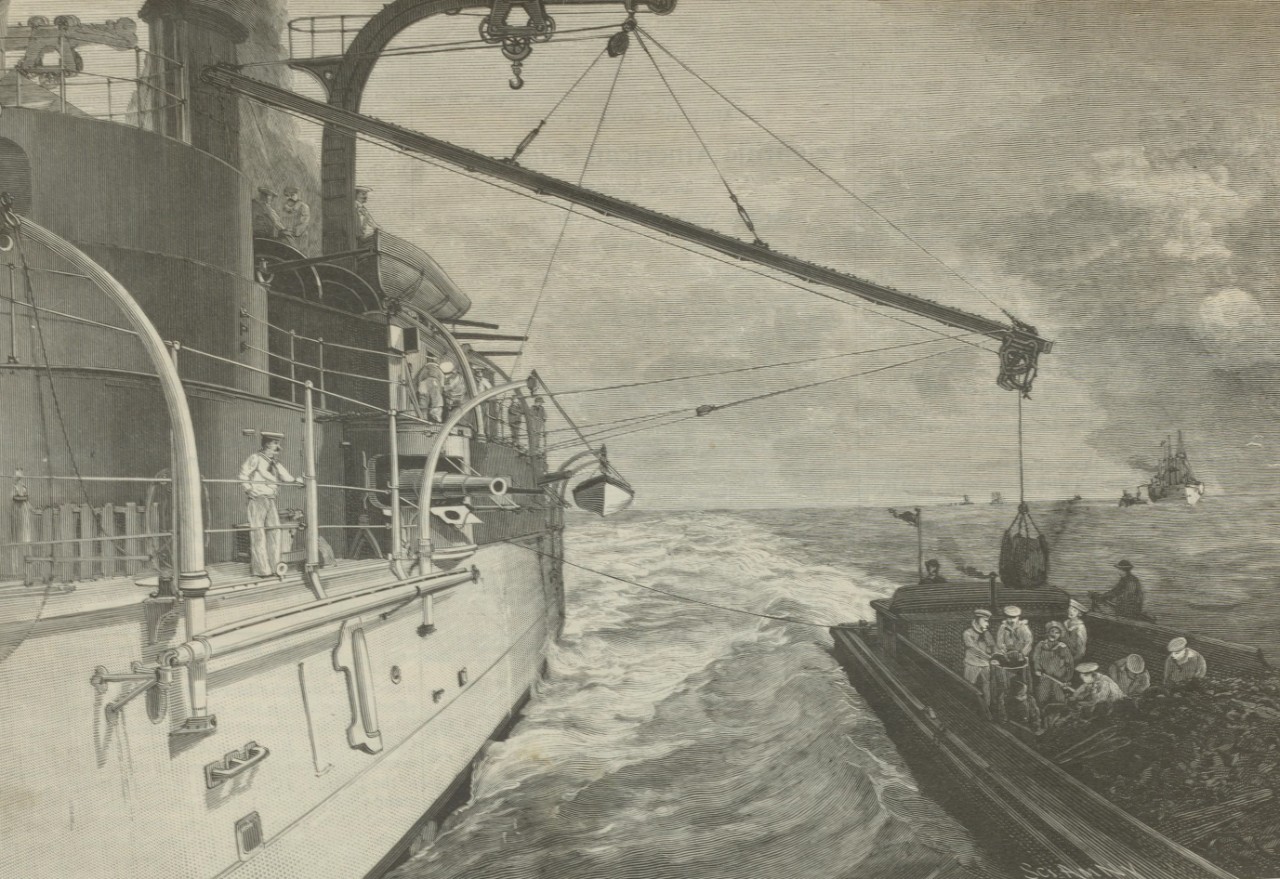 An engraving of coal loading from a lighter barge to a ship using a Temperly Transporter.