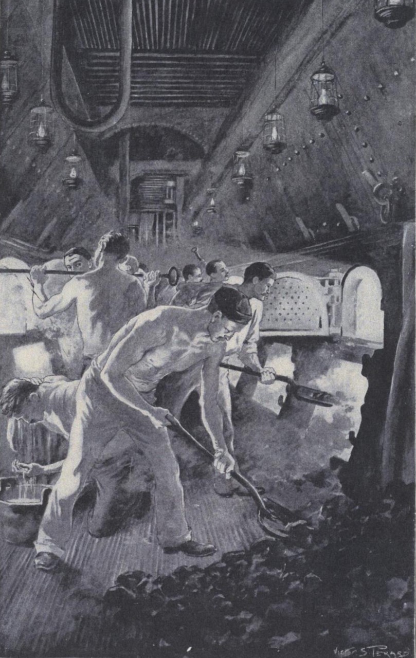 An engraving of sailors shoveling coal into the furnaces of a ship.