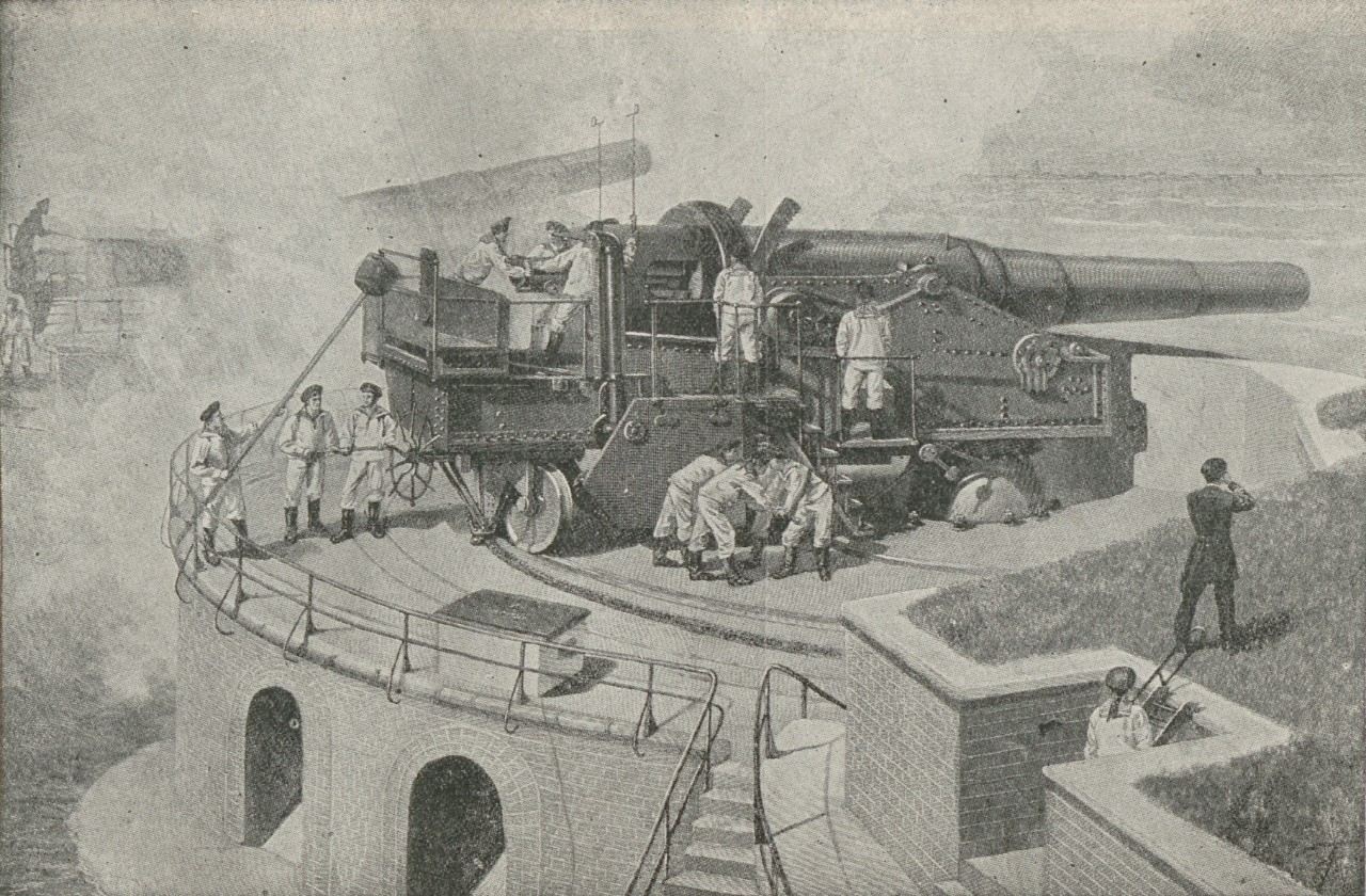 An engraving of coastal battery guns in action.