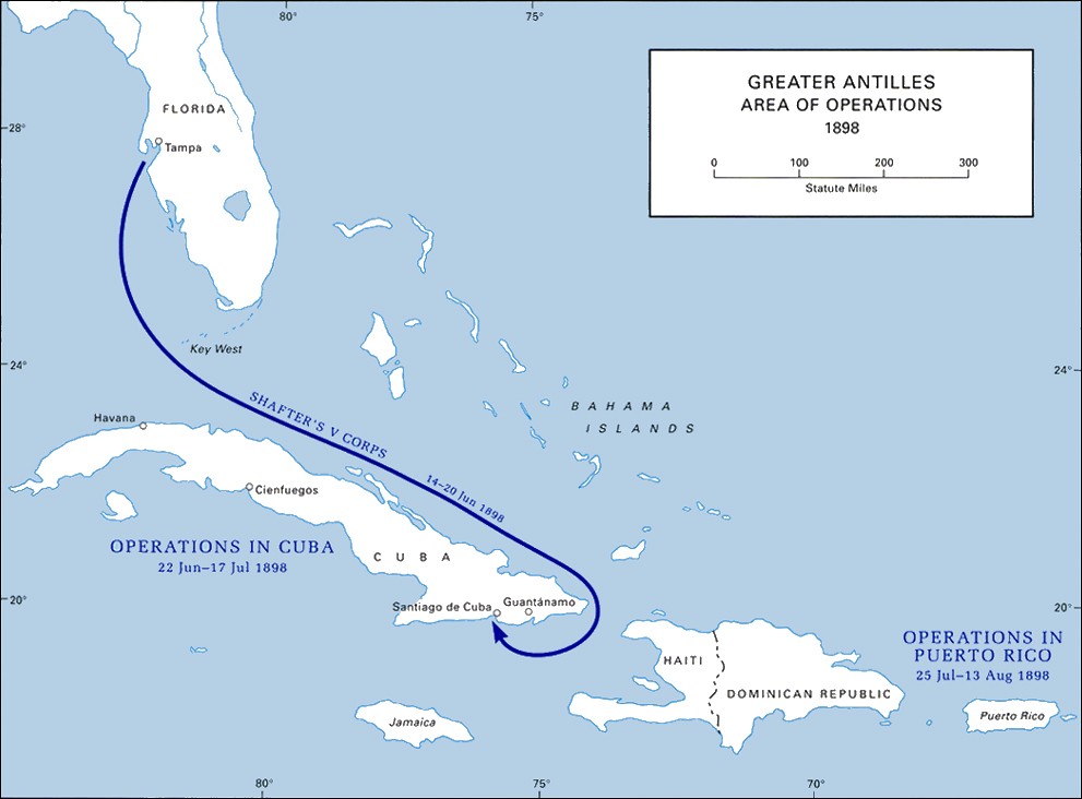 A map of the convoy route of June 1898 from Tampa, Florida to Daiquiri, Cuba.