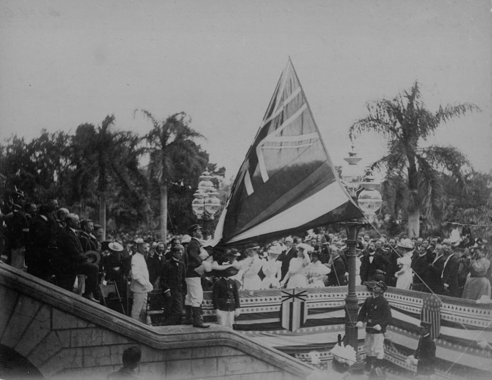 A picture of the Hawaiian flag which was lowered for the last time on August 12, 1898.