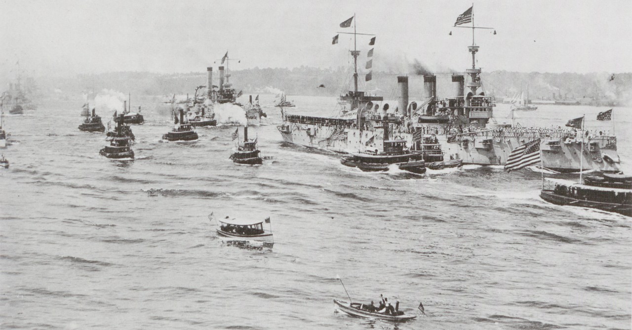 An engraving of the U.S. Fleet steaming down the Hudson River on August 20, 1898.