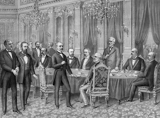 An engraving of the Treaty of Paris meeting in late 1898 which led to the official ending of hostilities.