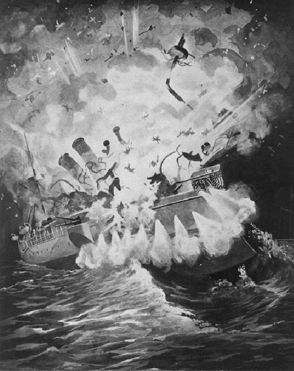 An artist's rendition of the explosion of the U.S.S. Maine.
