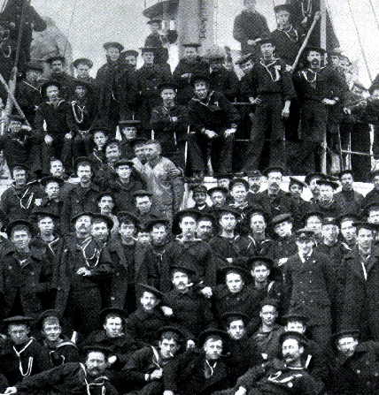 A photo of the Maine's crew on the foredeck.