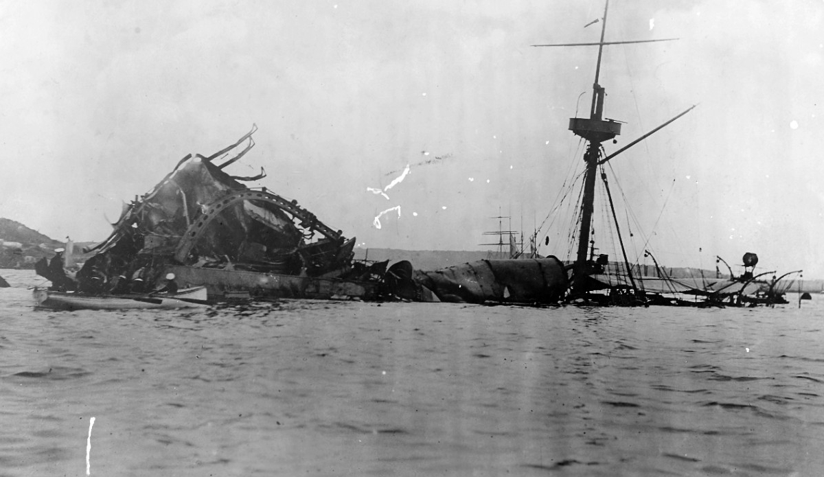 A photo of the wreck of the U.S.S. Maine in Havana Harbor after the explosion.