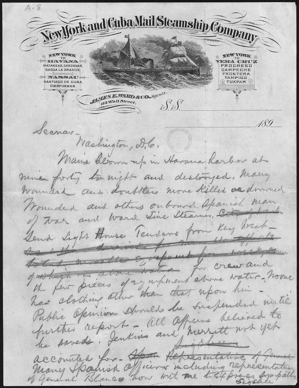 A copy of th telegram from Capt. Charles D. Sigsbee to the Secretary of Navy announcing the destruction of U.S.S. Maine