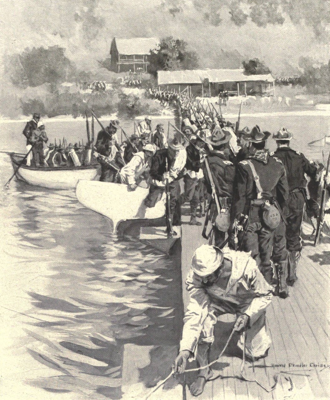 An artist's rendition of the landing at the docks of Guanica in Puerto Rico.