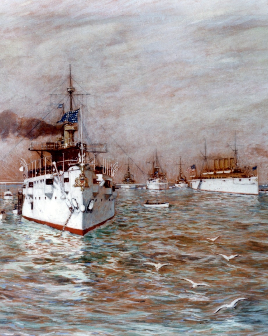 A painting of the U.S. North Atlantic Squadron anchored in Hampton Roads, VA.