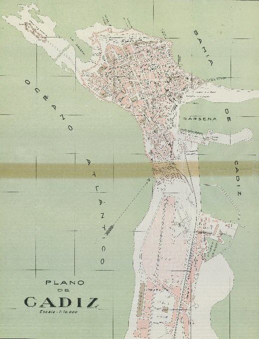 A contemporary map of Cadiz, Spain which was the home port of the Spanish fleet.