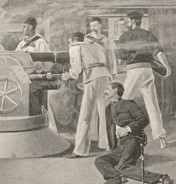 An engraving of sailors firing a deck gun.