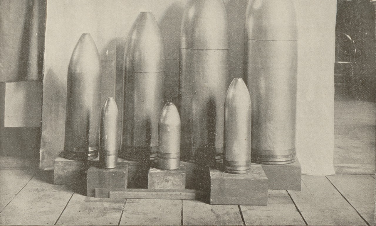 A picture of the different size projectiles that were used by the U.S. Navy.