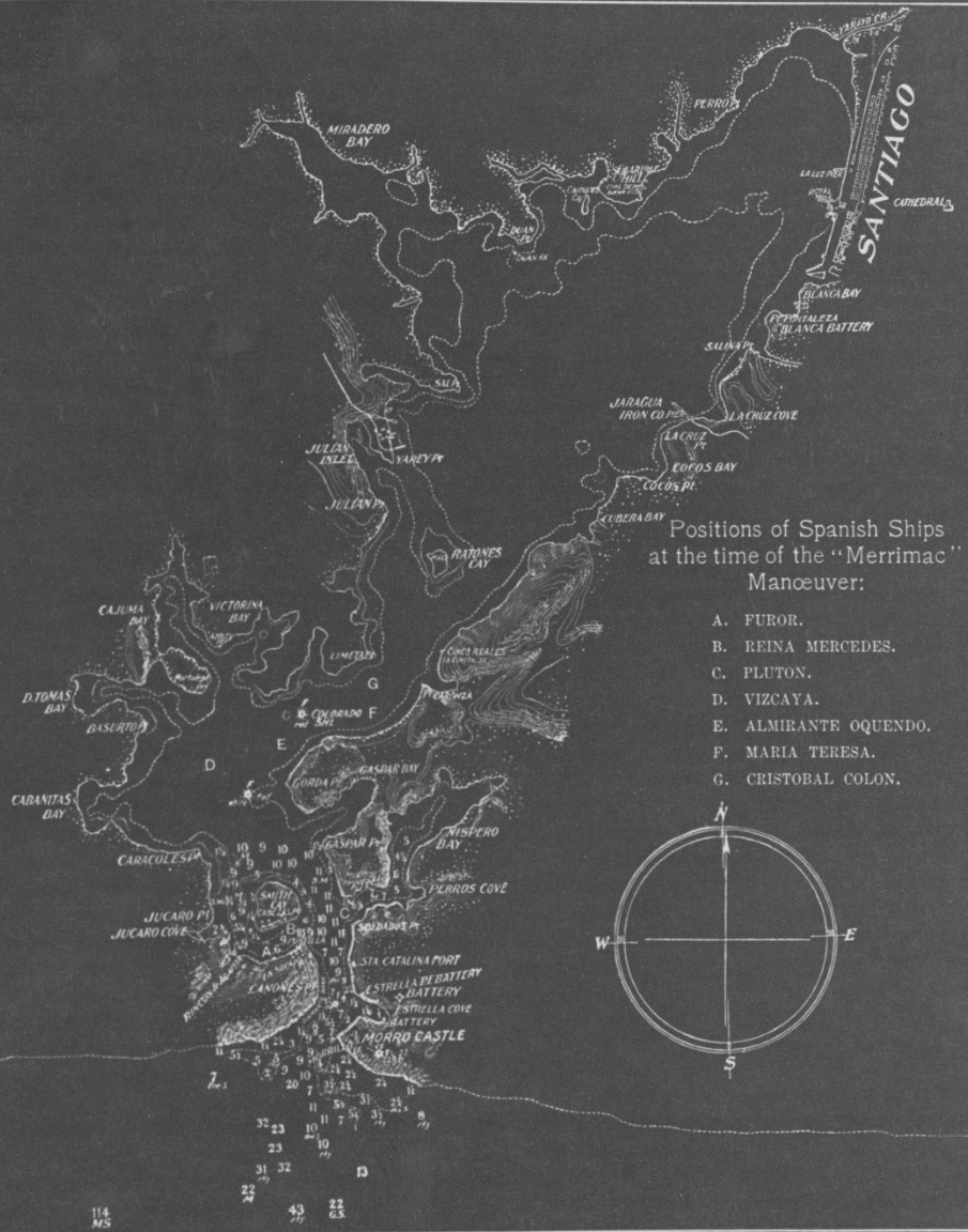 A map of Santiago Harbor depicting the location of the Spanish ships.