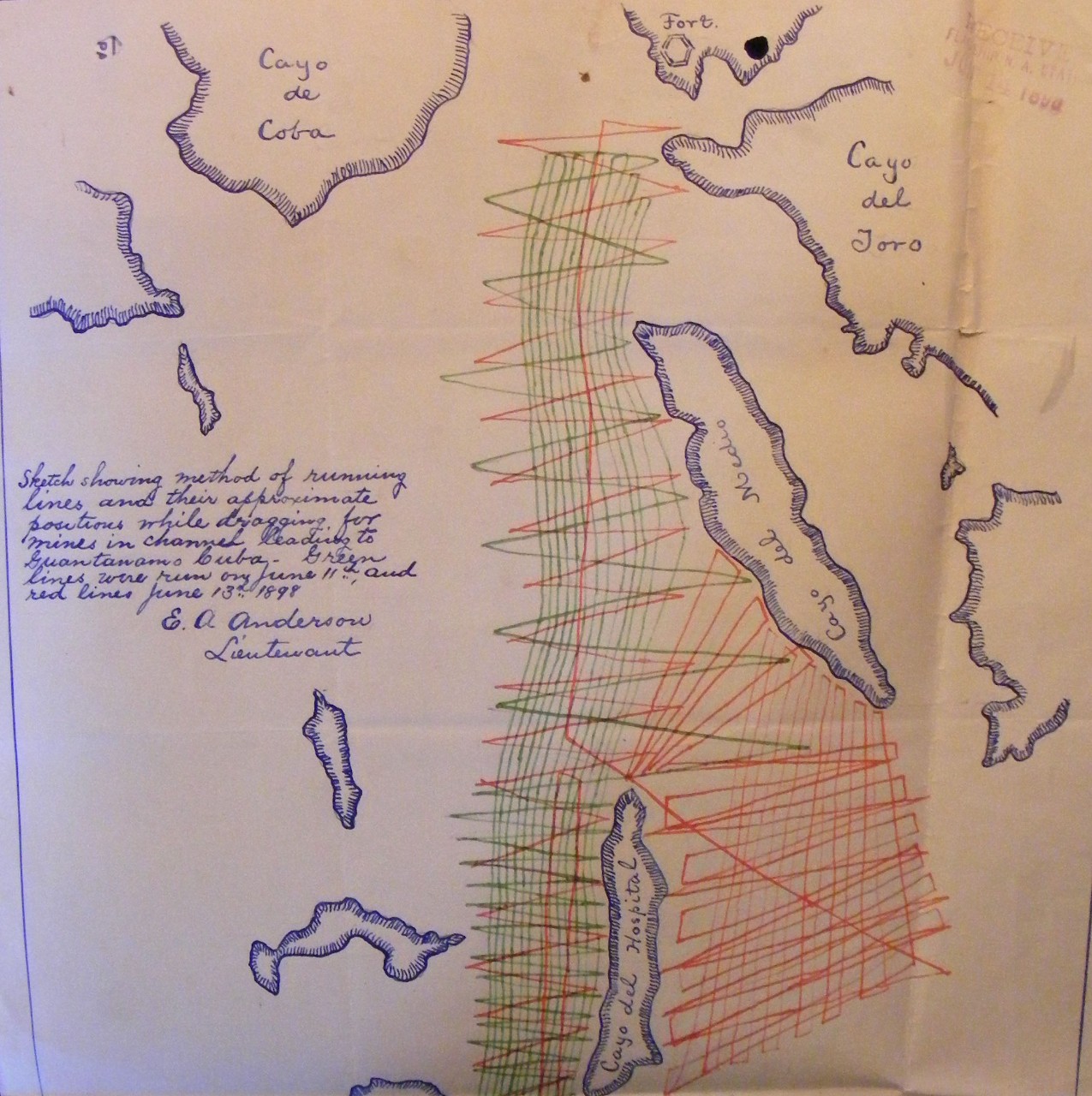 A contemporary drawing by hand of the minesweeping activity at Guantanamo.