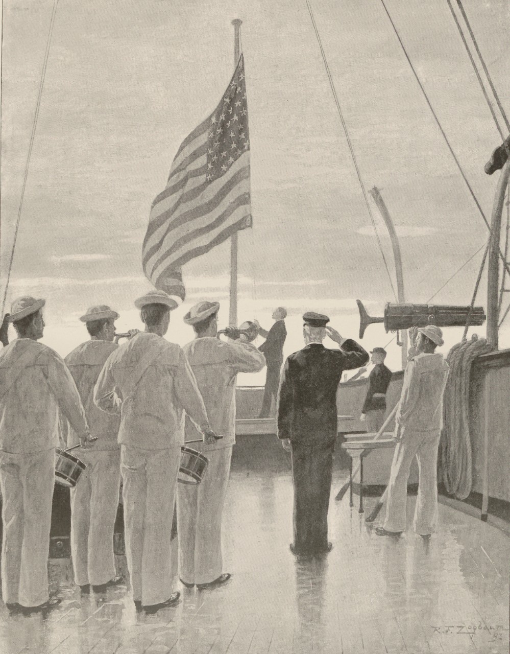 An engraving of a flag raising on a ship.