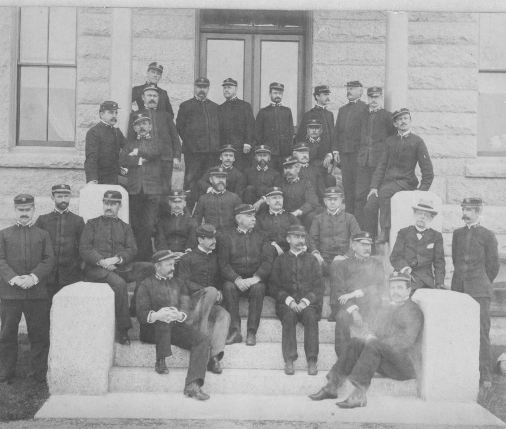 A group portrait of the 1896 graduating class of the Naval War College where war plans were conceived.