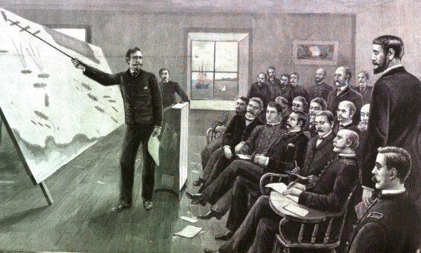 An illustration of a lecturer instructing officers at the Naval War College in 1889.