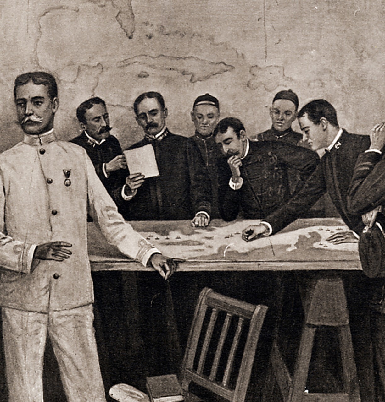 An illustration of officers who were war gaming at the Naval War College, which was an important part of the strategic planning for the Spanish-American War.
