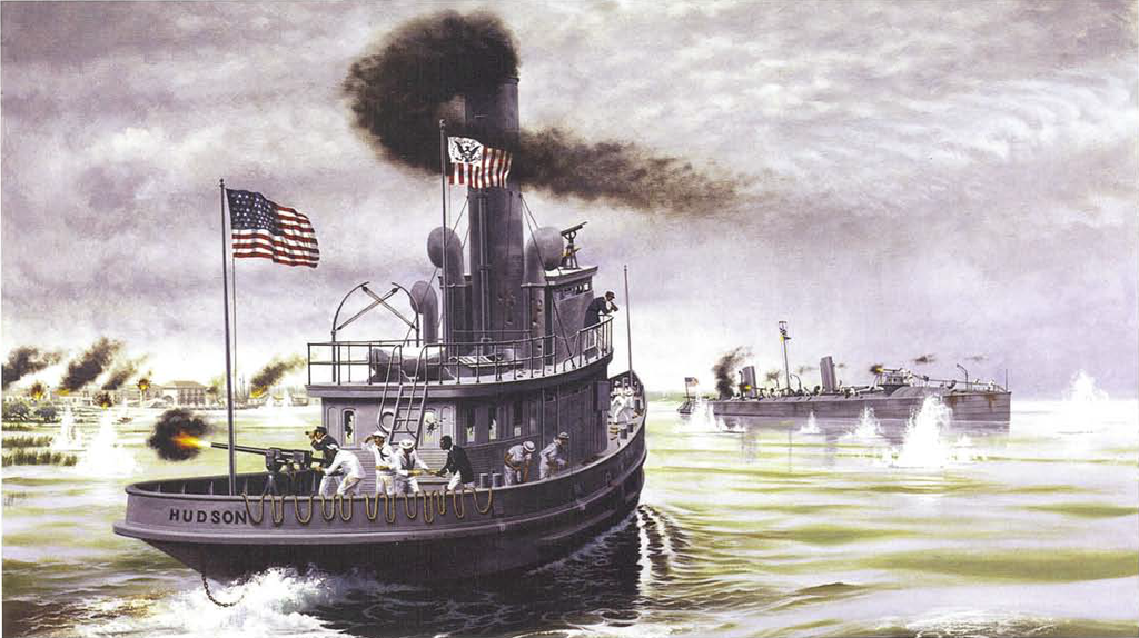 An artist's rendition of the Hudson rescuing the Winslow at Cardenas Bay on 11 May 1898.
