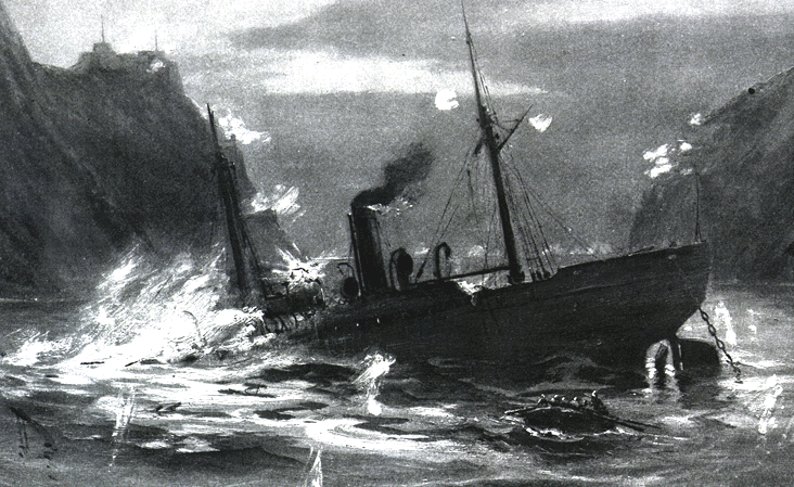 An artist's rendition of the sinking of the Merrimac in Santiago de Cuba Harbor.