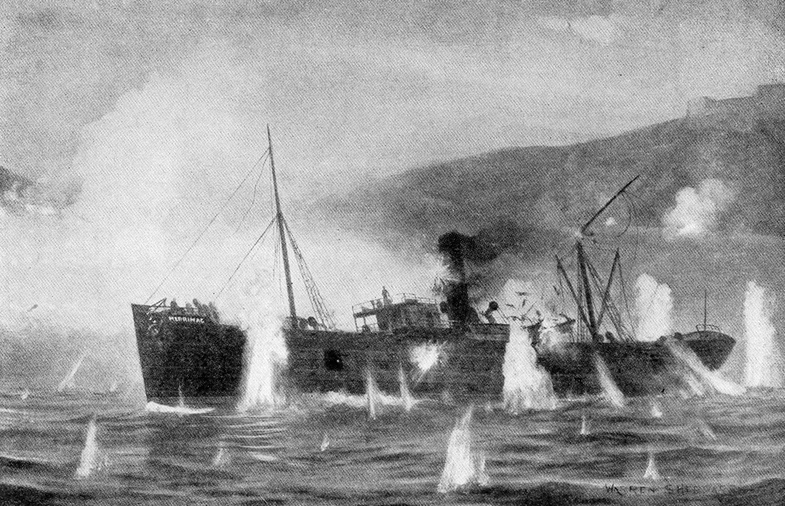 An artist's rendition of the USS Merrimac under fire.