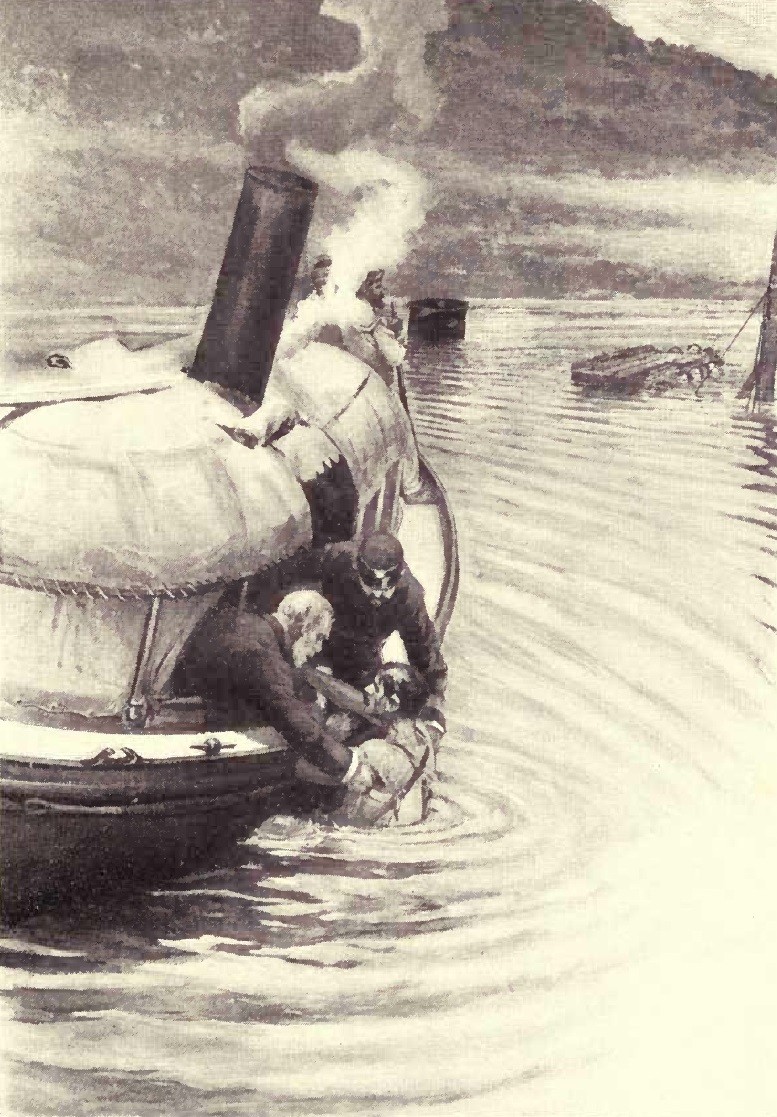 An engraving of Rear Admiral Cervera rescuing the Merrimac's crew.