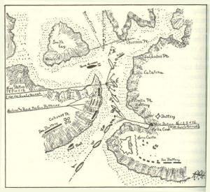 A map depicting the route of the USS Merrimac into Santiago de Cuba Harbor.
