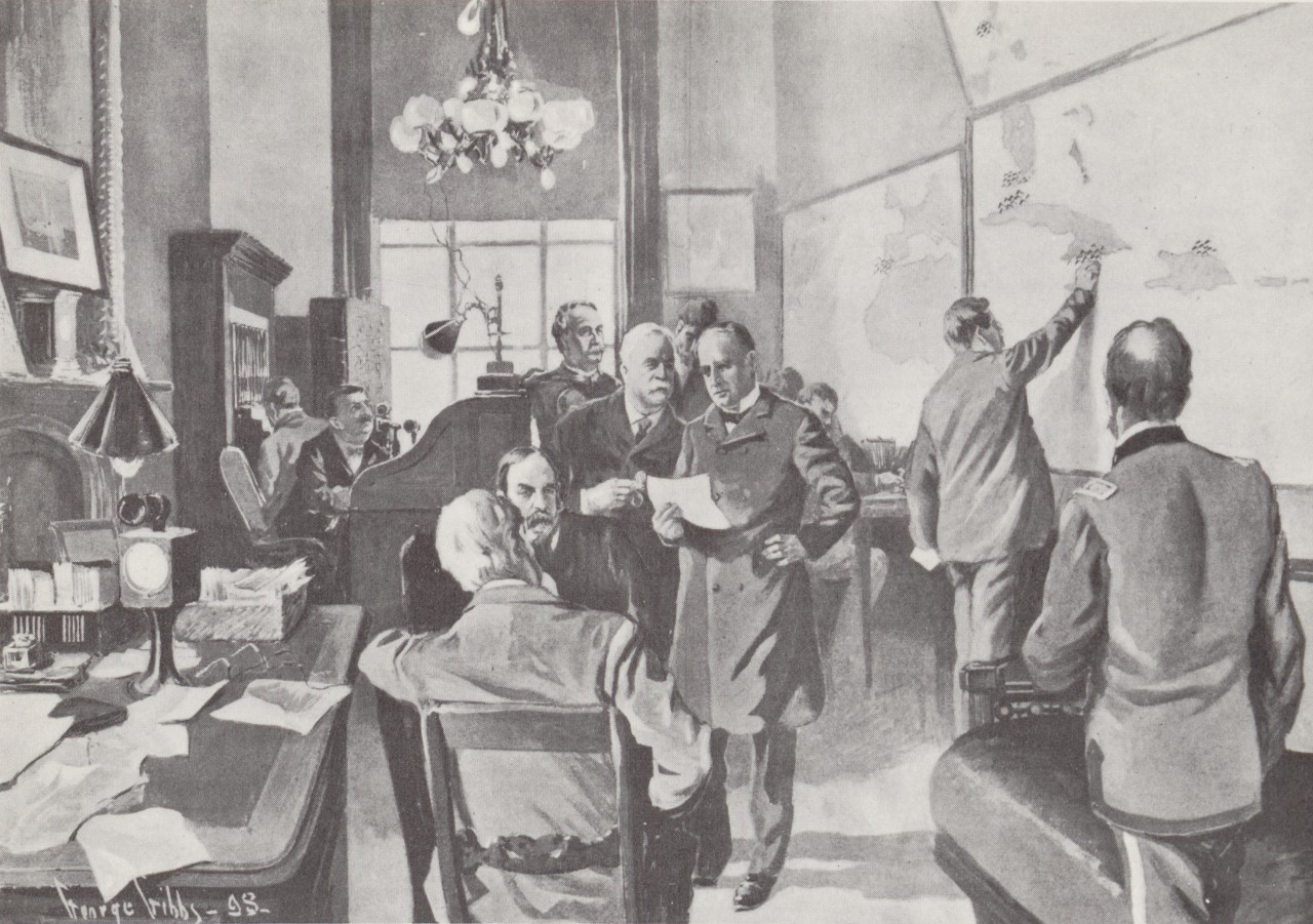 An engraving of the War Room in the Executive Mansion which was connected with telegraphs and telephones.