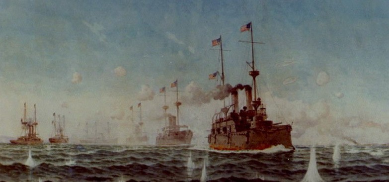 A painting of the Battle of Manila Bay.
