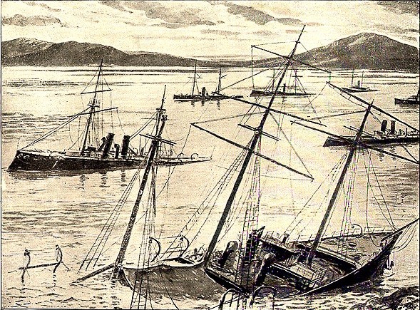 An engraving of Spain's defeated Asiatic Squadron that was sunk after the Battle of Manila Bay.