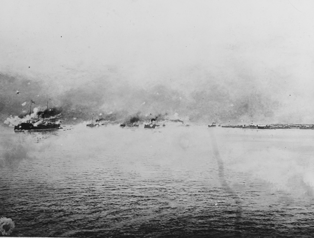 A picture of the Spanish fleet fighting at Manila Bay.