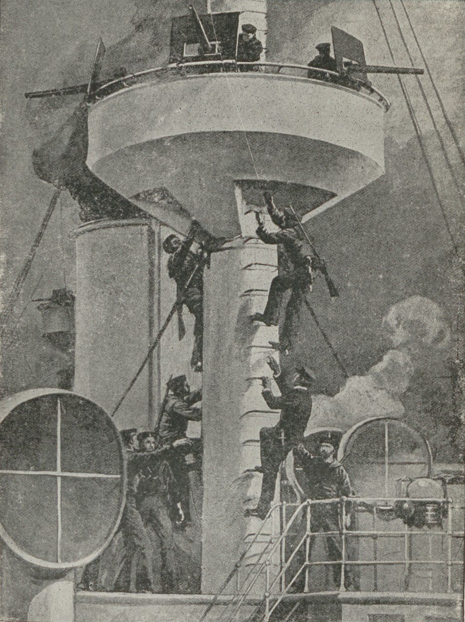 An artist's rendition of the fighting top on a mast during action.