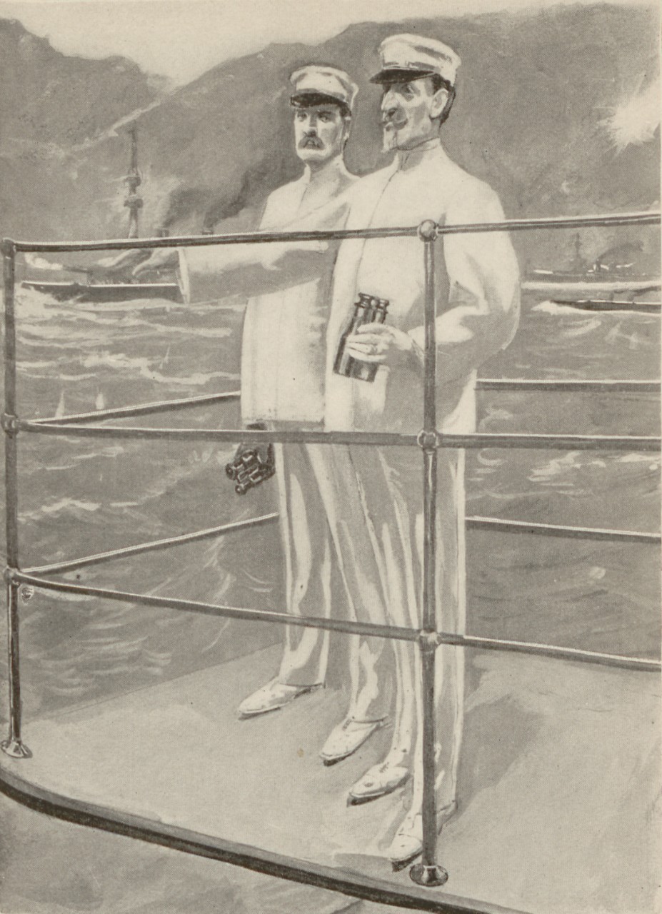 An artist's rendition of Commodore Schley on the flying bridge on the USS Brooklyn at the Battle of Santiago.