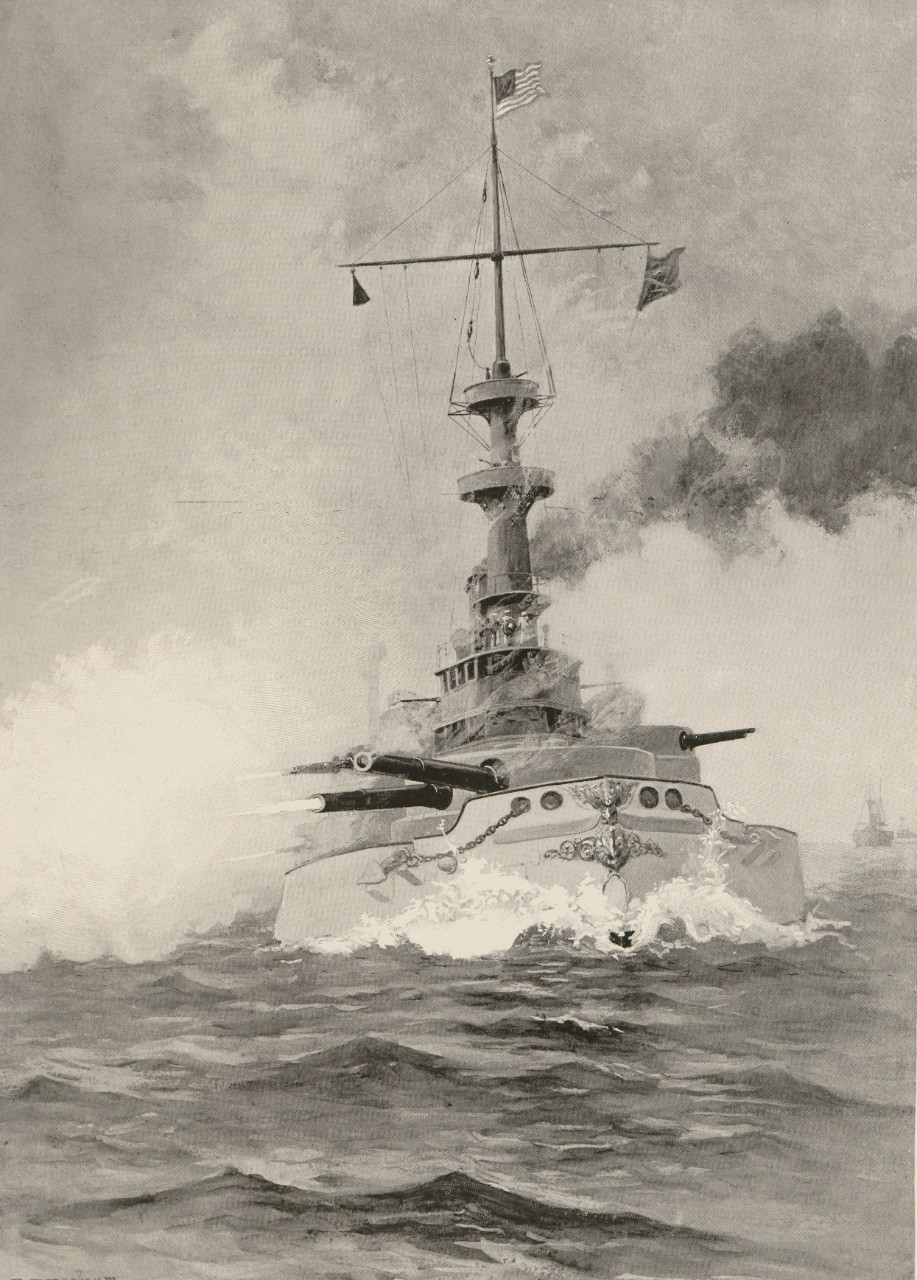 A picture of the USS Oregon blasting guns at full speed.