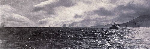 A picture of troop ships leaving San Francisco for Guam.