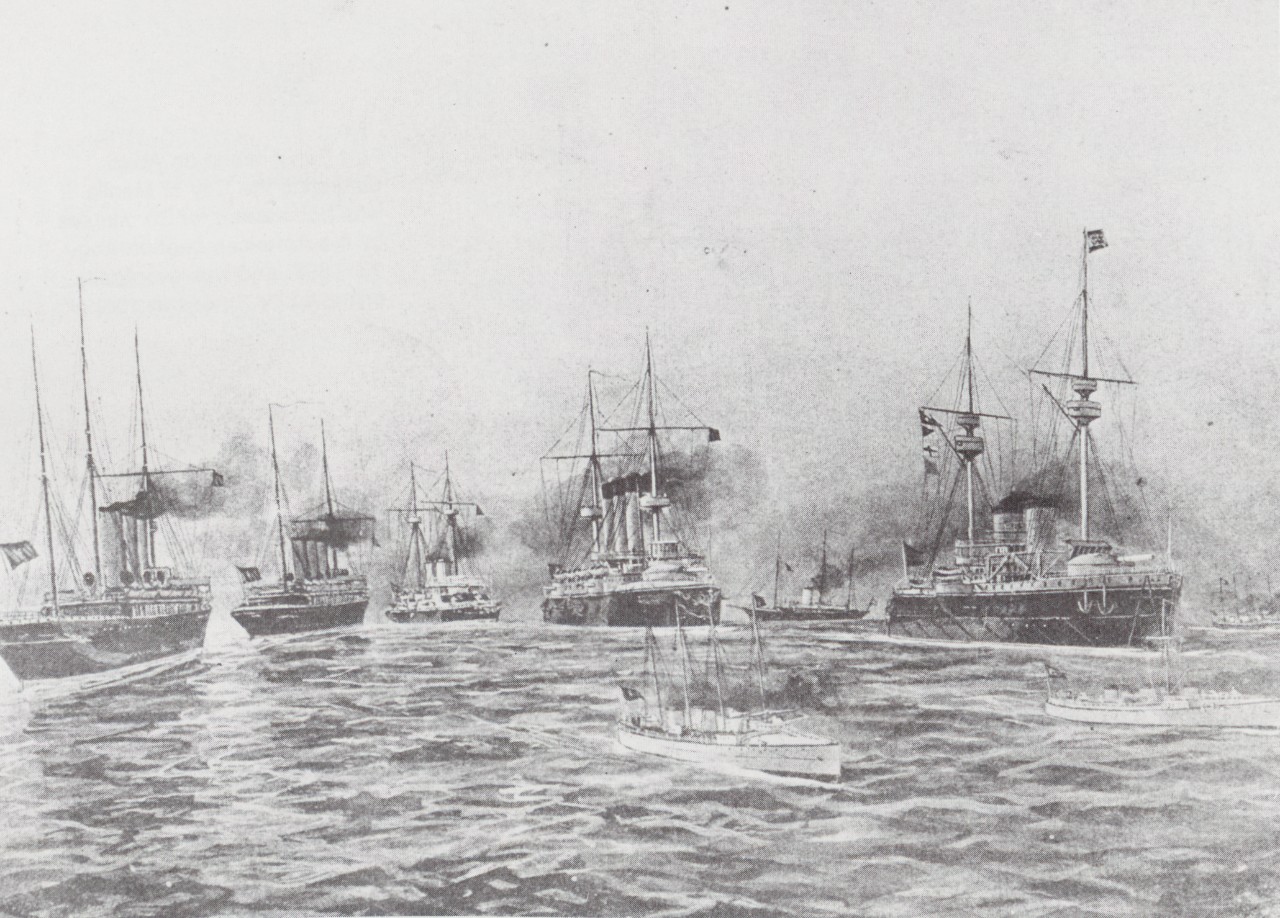 An engraving of Vice Admiral Manuel de la Camara y Libermoore's fleet under steam.