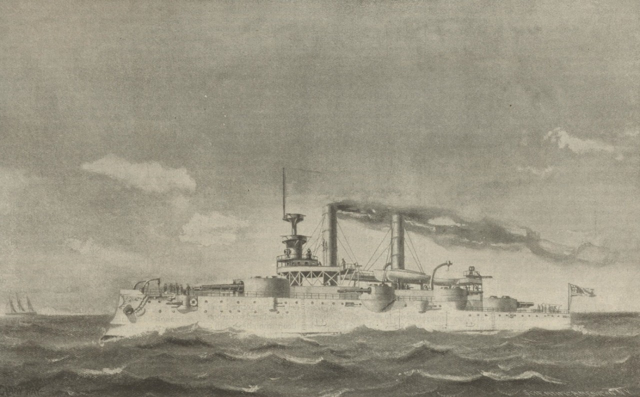 An engraving of the USS Iowa under steam.