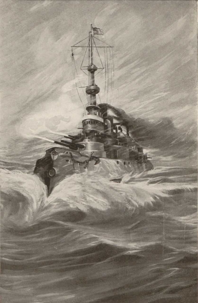 An engraving of the powerful USS Oregon blasting guns.