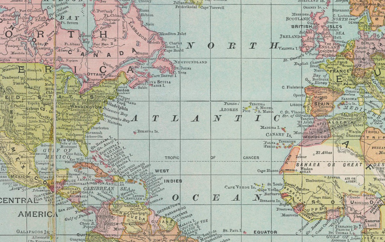 A contemporary color map of the Atlantic Ocean.