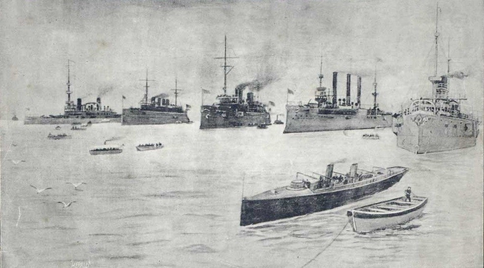 An engraving of the ships of the Flying Squadron at Hampton Roads, Virginia.