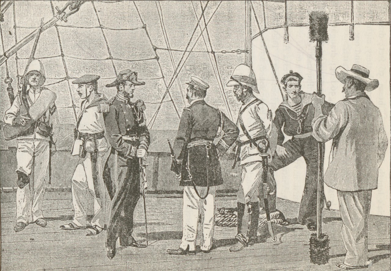 An engraving that depicts the officers and sailors of a typical Spanish crew.
