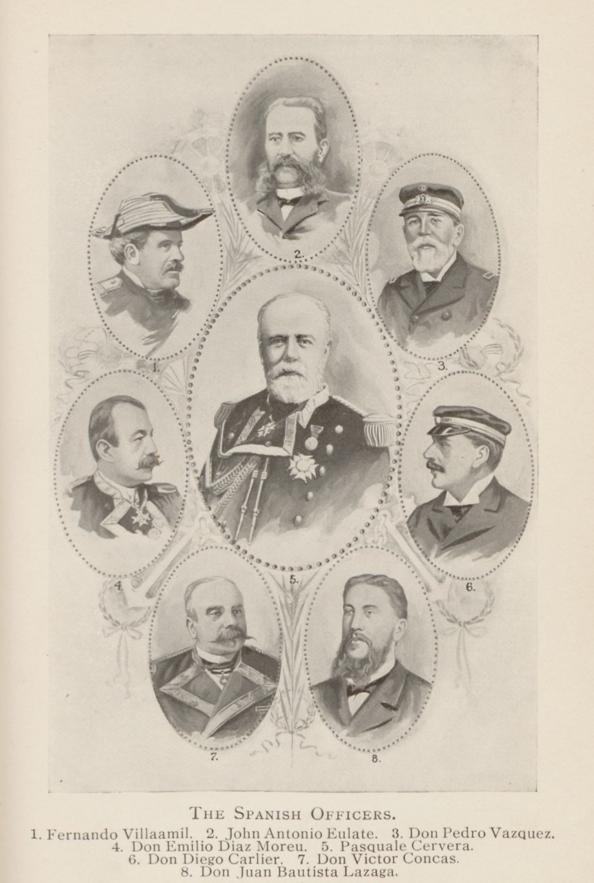 An engraving of Rear Admiral Pascual Cervera y Topete with his top-ranking officers.