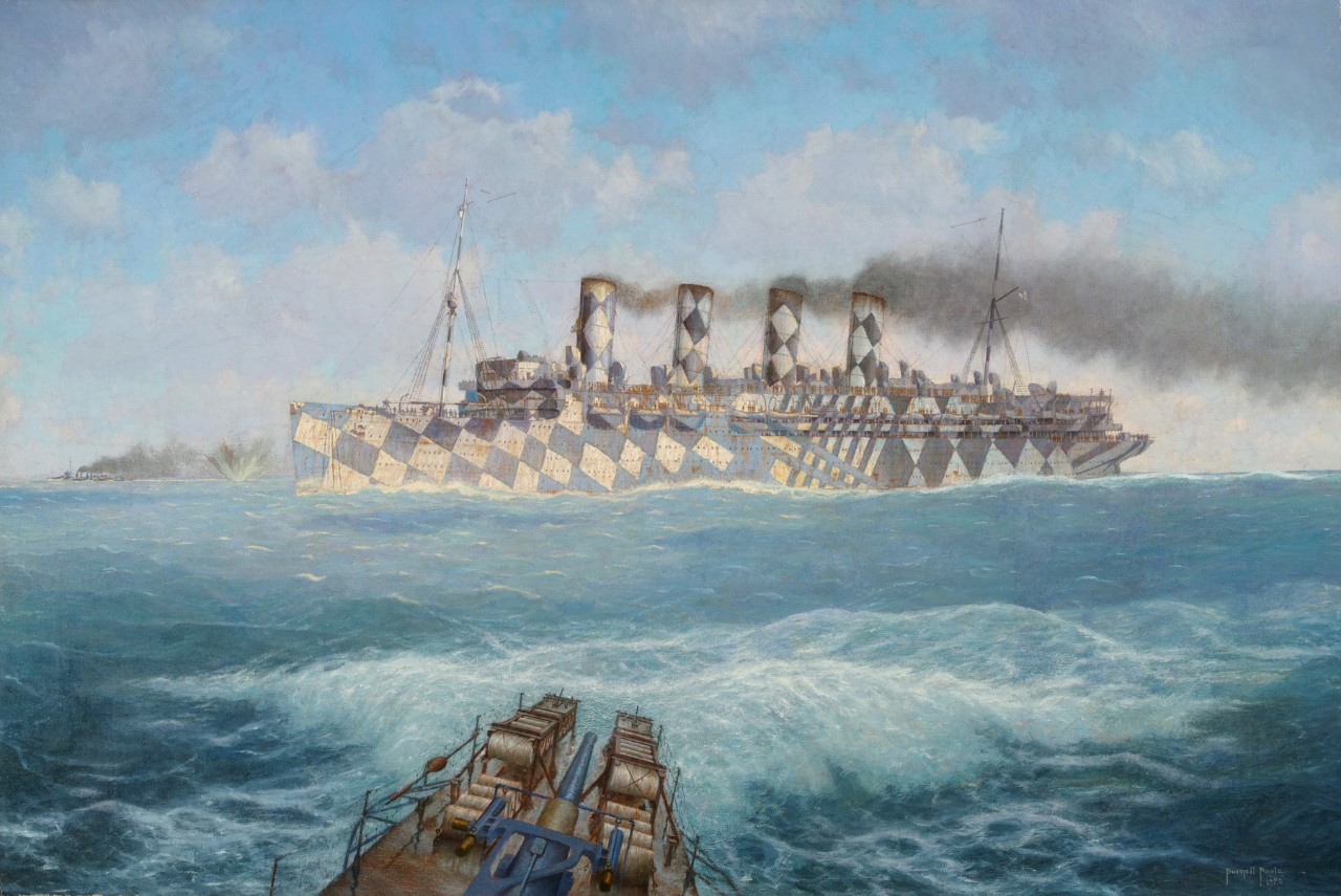 Oil painting of a camouflaged ship