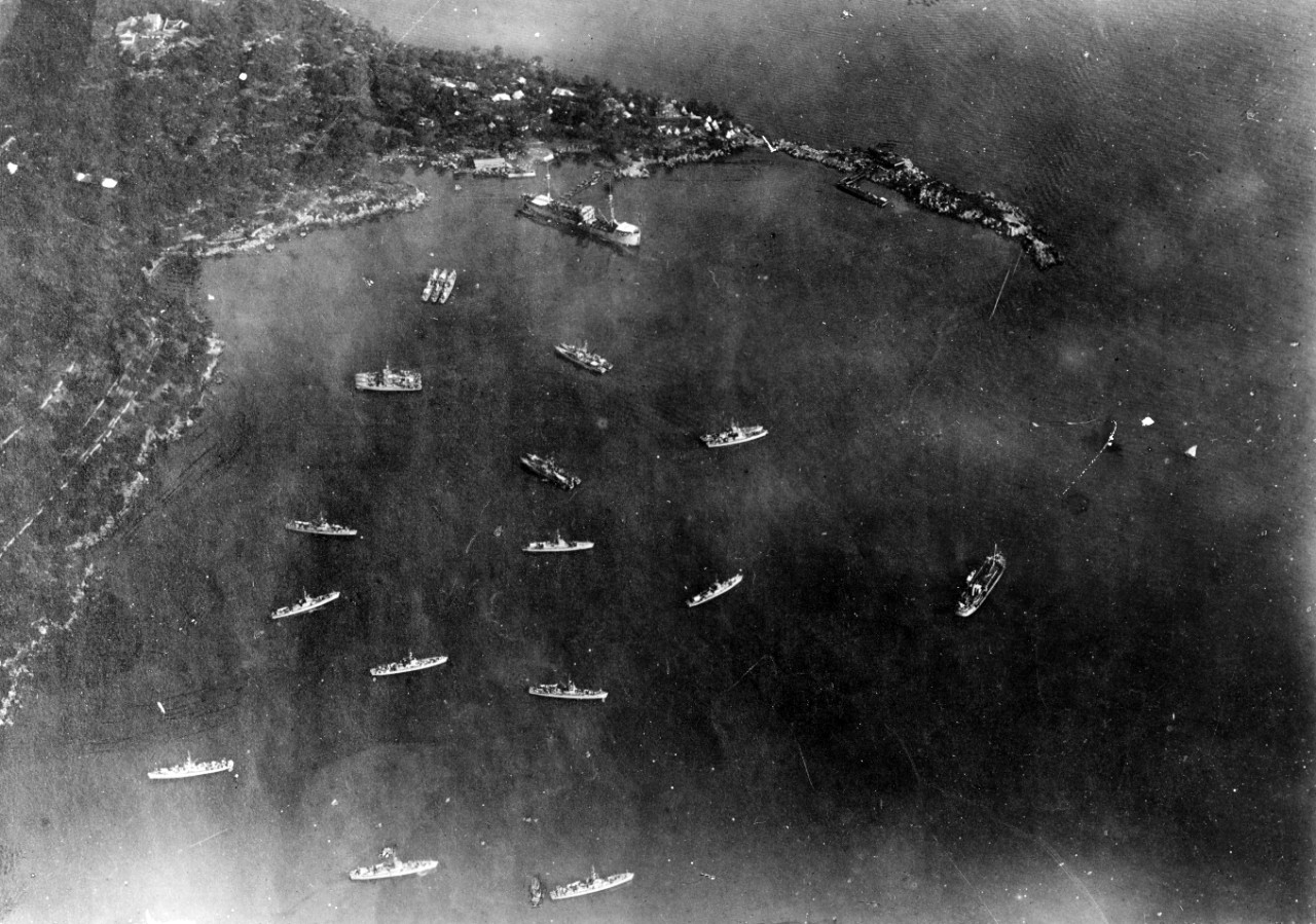 Photograph of ships in harbor at Grecian base
