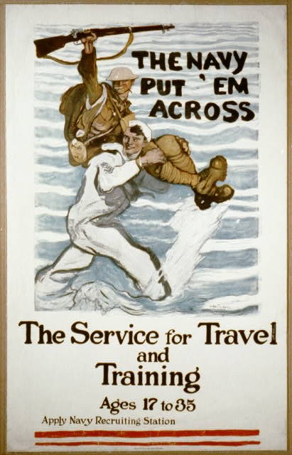 Navy recruiting poster depicting a sailor carrying a soldier on his shoulder across the waters.