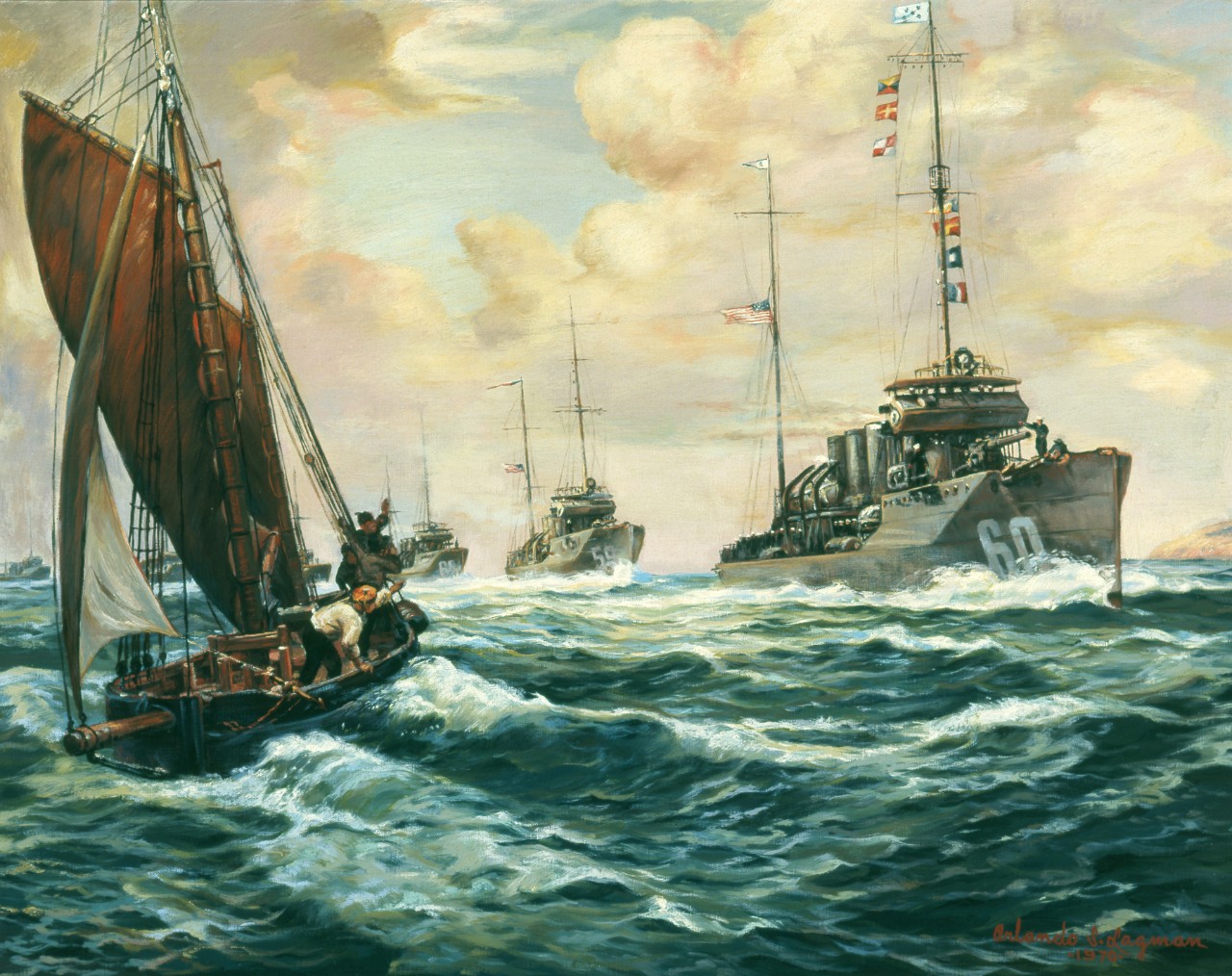 Oil painting by Bernard F. Gribble of the first U.S. destroyers to reach Europe