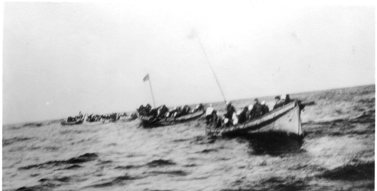 Photograph of lifeboats adrift after sinking