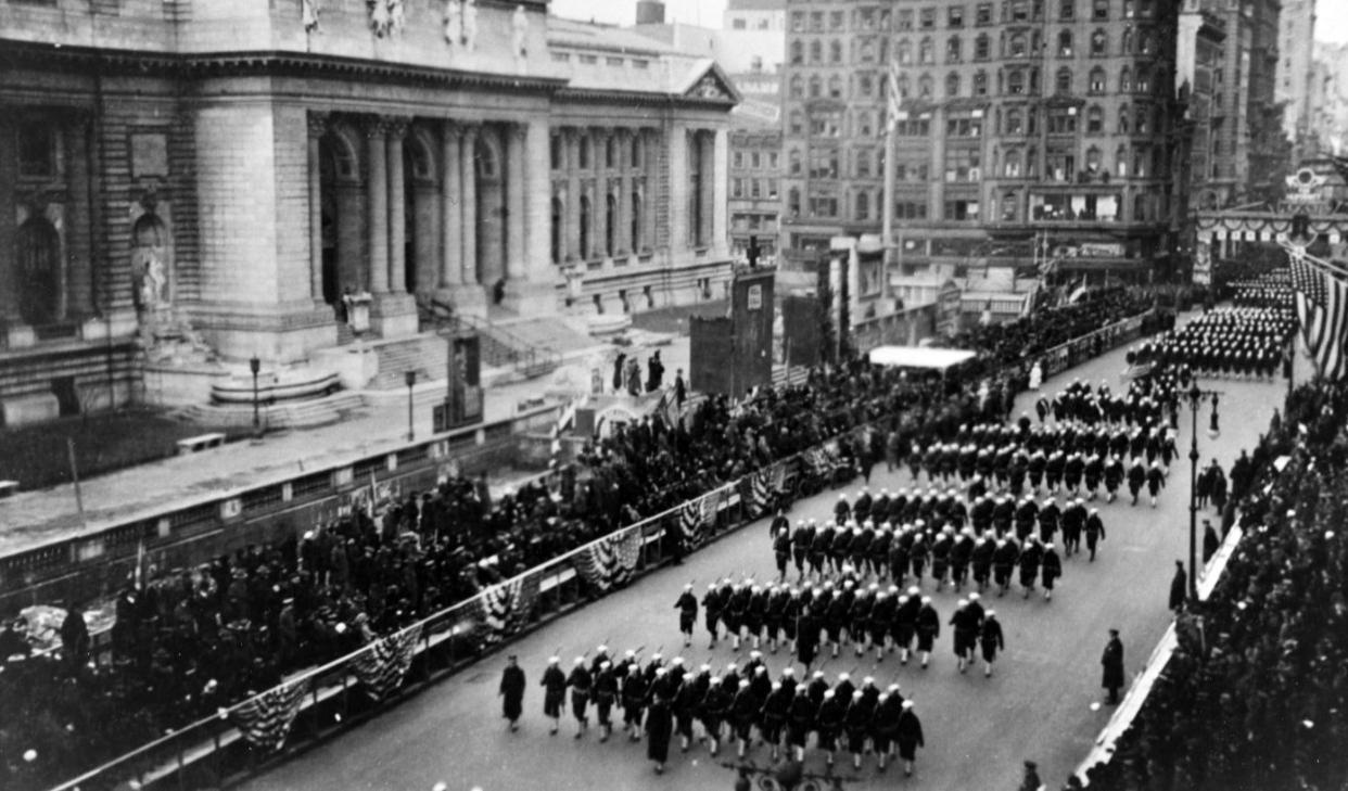 Photograph of sailors on parade in New York