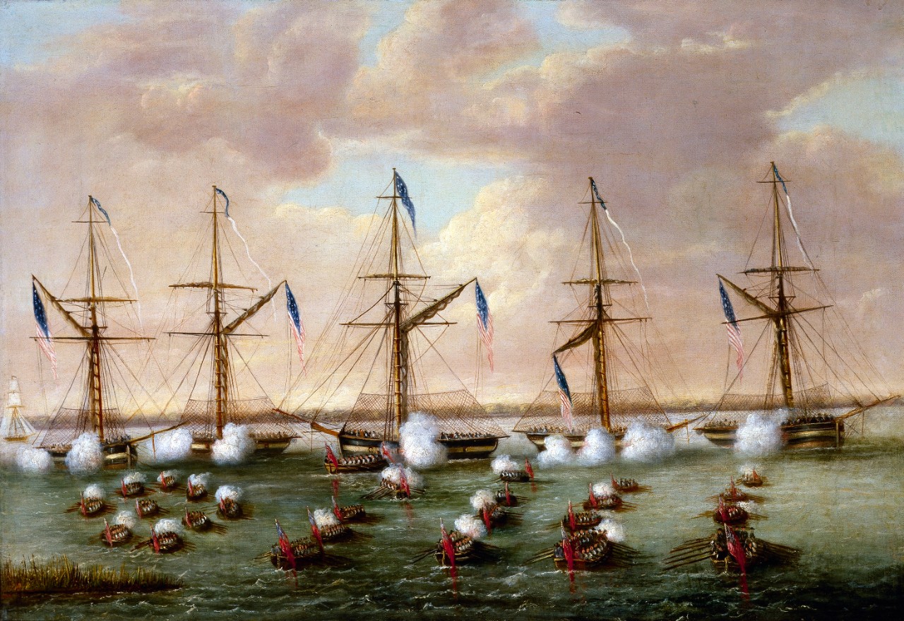 <p>Oil painting of the Battle of Lake Borgne, 1814</p>